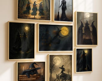 Vintage Witch Halloween Wall Decor Bundle Witchcraft Wall Art Set Witchy Decor Witch Printables Spooky Witch Rustic Creepy Forest Print Set.