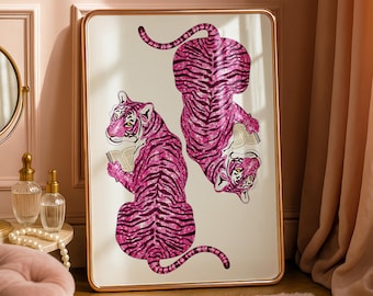 Tiger Reading Print Pink Tiger Wall Art Tiger Book Lover Poster Humorous Bookworm Wall Decor Bookish Printable Twin Tiger Digital Download.