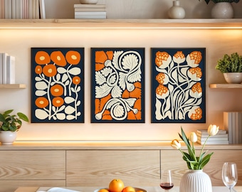 Retro Flower Wall Art set of 3 Boho Abstract Floral Decor set Blue Orange Bold Botanical Wall Art Mid Century Modern Minimalist Printable.
