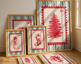 Christmas Stamp Print Set of 6 Christmas Tree Stamp Wall Art Snowman Nutcracker Snowman Stamp Decor Retro Christmas Decor Set Digital Print.