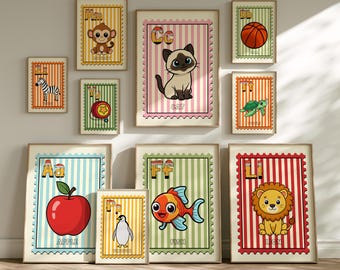 Classroom Alphabet Posters Stamp Abc Chart Classroom Prints Retro Alphabet Poster A-z Alphabet Printable Modern Rainbow Classroom Decor.