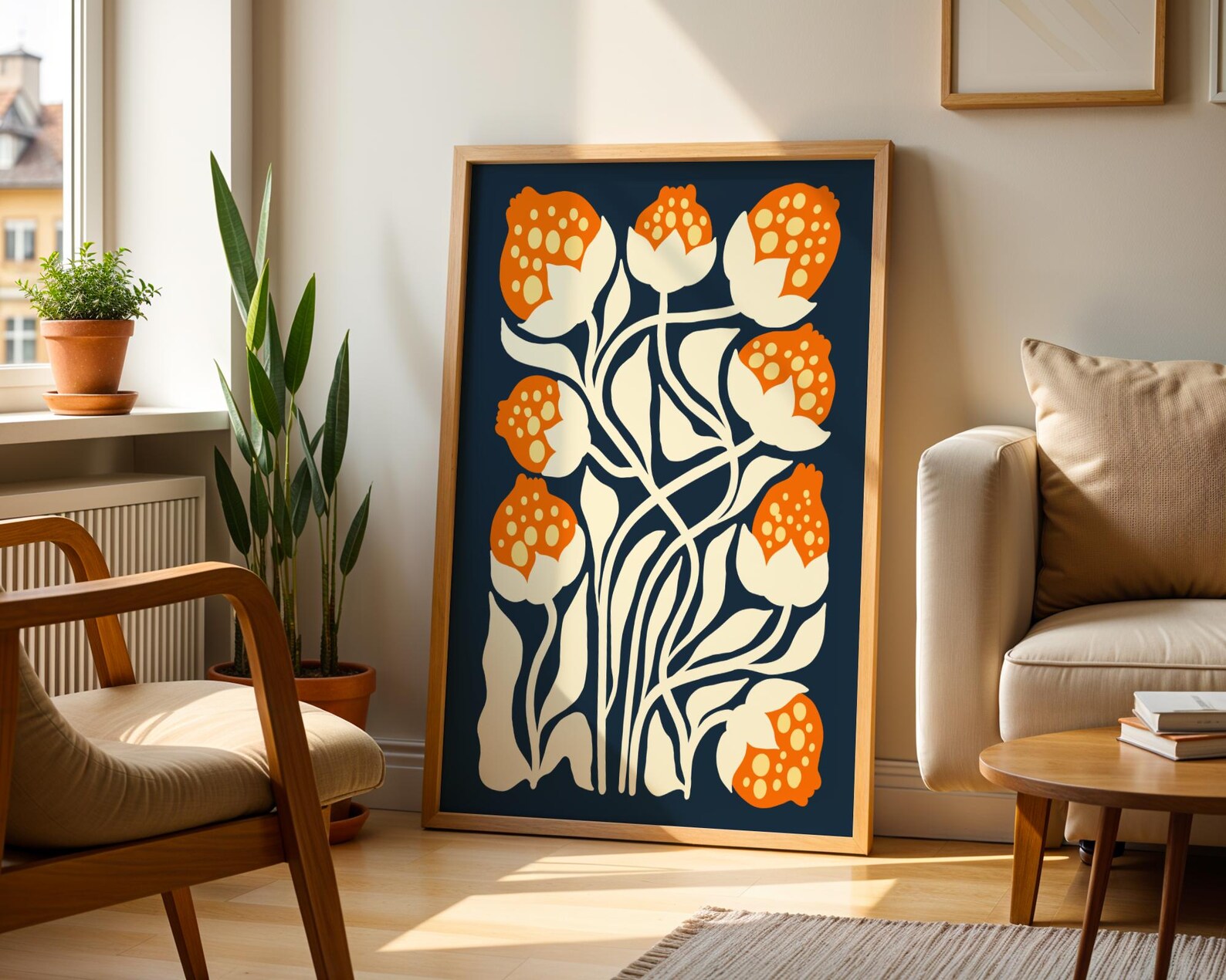 Retro Flower Wall Art Boho Abstract Floral Decor Blue Orange Bold ...