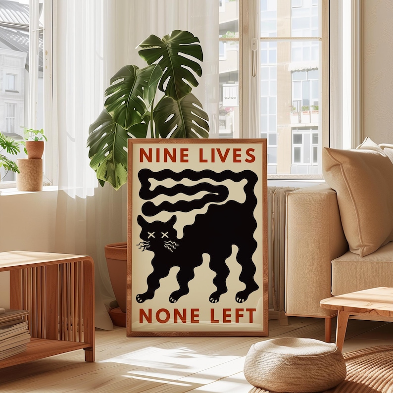 Funny Black Cat Wall Art Nine Lives None Left Print Cat Humor Printable Modern Minimalist Abstract Poster Gift for Cat Lover Digital Print.