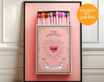 Custom Perfect Match Wall Art Custom Couple Monogram Decor Retro Matchbox Print Anniversary Gift for Her Him Couple Decor Digital Download.
