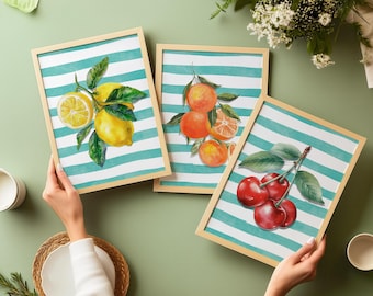 Fruit Wall Art Set of 3 Lemon Orange Cherry Wall Decor Retro Fruit Print Kitchen Dining Minimalist Wall Decor Printable Digital Download.
