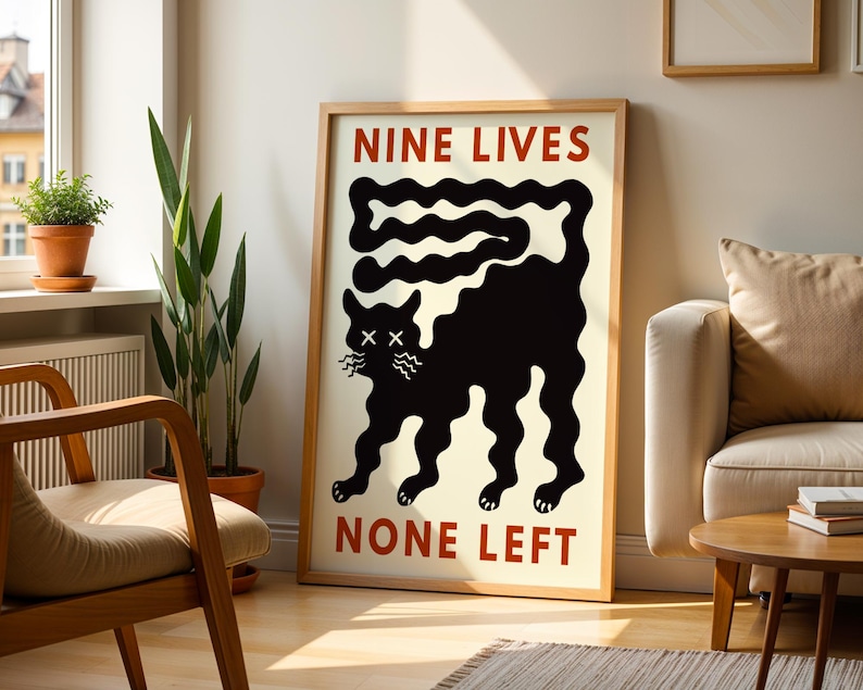 Funny Black Cat Wall Art Nine Lives None Left Print Cat Humor Printable Modern Minimalist Abstract Poster Gift for Cat Lover Digital Print.