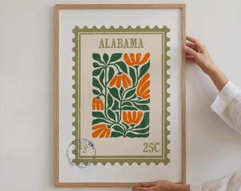 Custom State Stamp Prints Custom State Flower Poster Retro Flower Digital Wall Art Boho Abstract Floral Decor Green Orange Botanical Print.