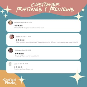 May include: A teal and peach graphic with customer reviews. The text "CUSTOMER RATINGS & REVIEWS" is at the top. Reviews include star ratings and comments from customers. The Crafted Pixels logo is at the bottom.