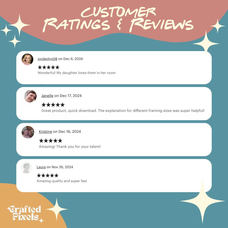 May include: A teal and peach graphic with customer reviews. The text "CUSTOMER RATINGS & REVIEWS" is at the top. Reviews include star ratings and comments from customers. The Crafted Pixels logo is at the bottom.