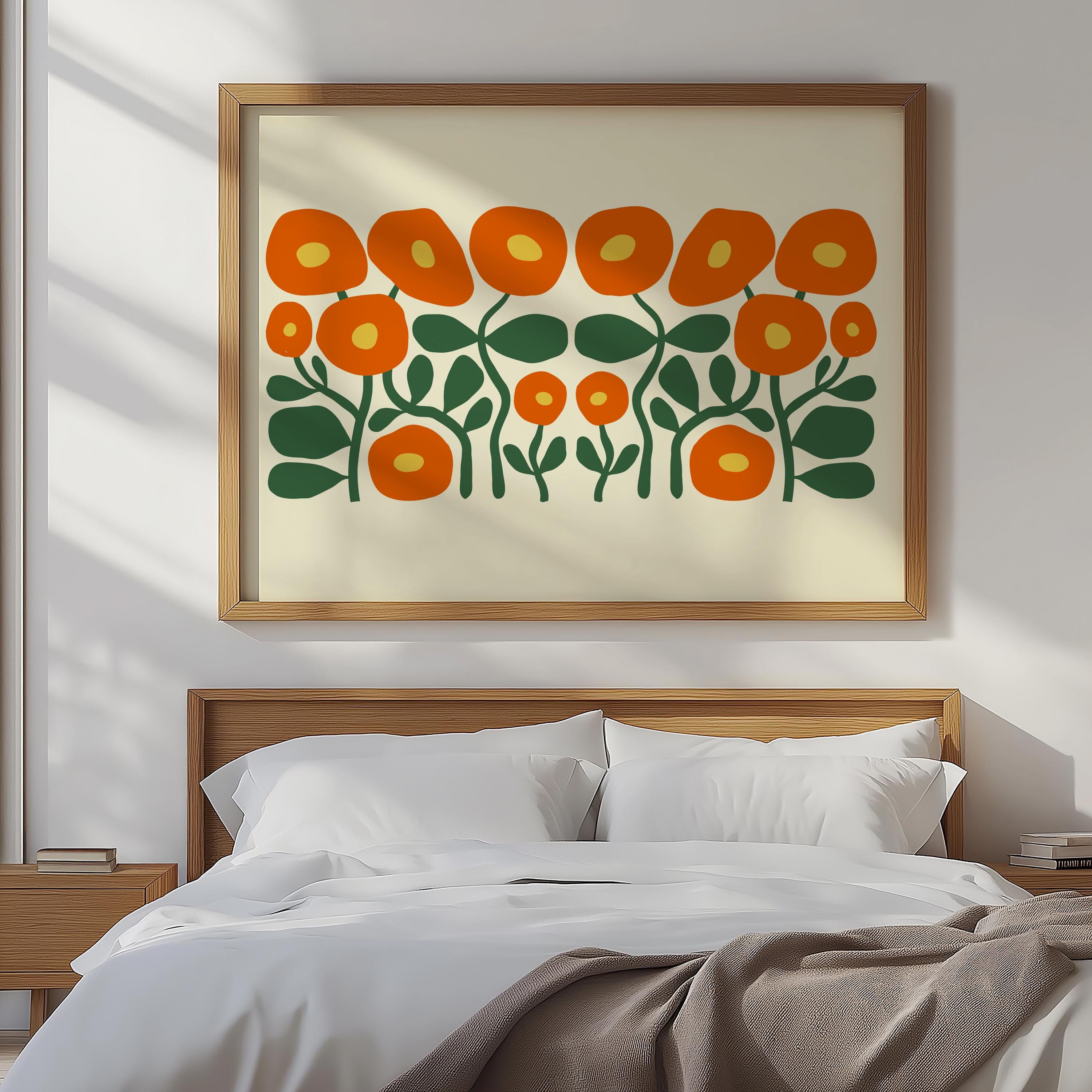 Retro Flower Wall Art Boho Abstract Floral Horizontal Wall Art Green ...