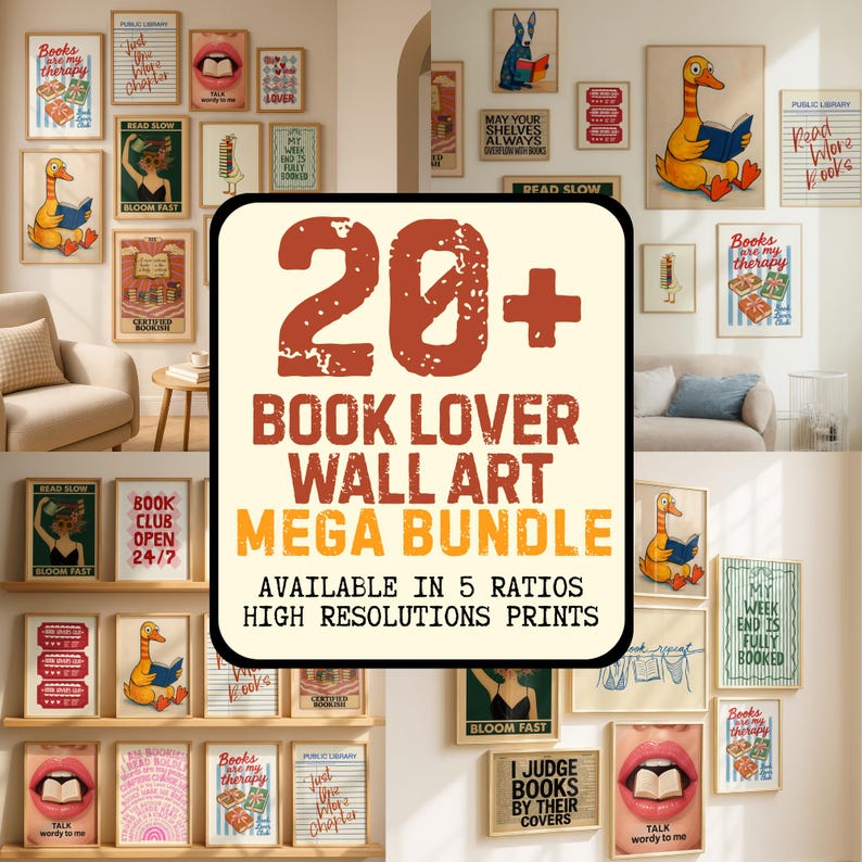 May include: A collection of framed wall art prints with a book theme. The prints feature illustrations of books, ducks reading, and text like "Read Slow" and "Book Lover." The central image reads "20+ Book Lover Wall Art Mega Bundle."