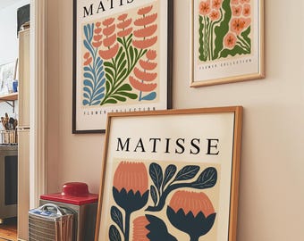 Matisse Inspired Abstract Flower Prints set of 3 Retro Flower Wall Art Boho Floral Decor set Mid Century Modern Minimalist Printable Set.