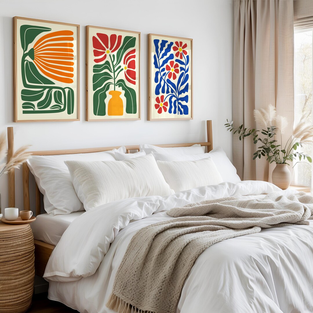 Retro Floral Wall Art Set of 3 Boho Abstract Flowers Wall Art Botanical ...