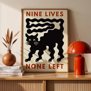 Funny Black Cat Wall Art Nine Lives None Left Print Cat Humor Printable Modern Minimalist Abstract Poster Gift for Cat Lover Digital Print.