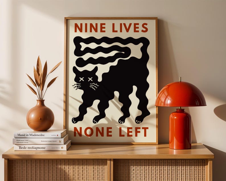 Funny Black Cat Wall Art Nine Lives None Left Print Cat Humor Printable Modern Minimalist Abstract Poster Gift for Cat Lover Digital Print.