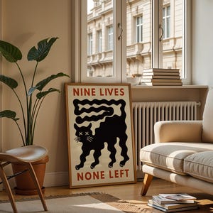 Funny Black Cat Wall Art Nine Lives None Left Print Cat Humor Printable Modern Minimalist Abstract Poster Gift for Cat Lover Digital Print.