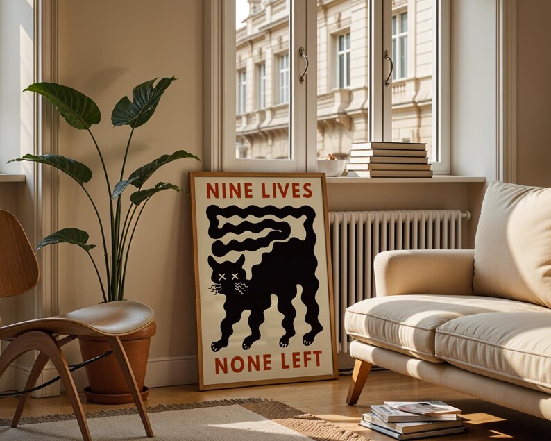 Funny Black Cat Wall Art Nine Lives None Left Print Cat Humor Printable Modern Minimalist Abstract Poster Gift for Cat Lover Digital Print.