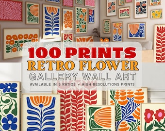 100 Prints Retro Floral Gallery Wall Art Mega Bundle Matisse Flower Market Poster Boho Abstract Flowers Print Orange Blue Abstract Decor.