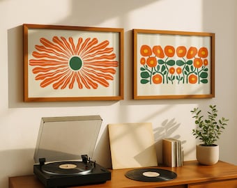 2 Prints Retro Flower Wall Art Boho Abstract Floral Horizontal Wall Art Green Orange Bold Botanical Wall Art Mid Century Modern Plant Prints