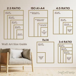 Peut inclure: Un guide de taille d'art mural avec diff&eacute;rents rapports d'aspect et mesures en pouces et en centim&egrave;tres. Le guide comprend les rapports 2:3, ISO A1-A4, 4:5, 11x14 et 3:4. Le guide est intitul&eacute; "Guide de taille d'art mural" et "Crafted Pixels".