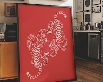 Retro Tiger Wandkunst Trendige Tiger Digitaldruck Retro Tiger Minimalistische Wand Kunst Druckbare Digitaler Download druckbares Poster Dschungel Dekor.