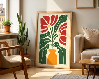 Abstract Retro Floral Digital Wall Art Boho Flower Wall Art Red Flower Botanical Wall Art Mid Century Modern Plant Decor Printable.