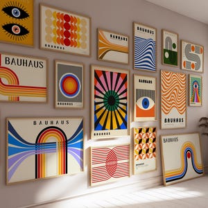 Ensemble d'art mural de la galerie Bauhaus de 100 impressions Art mural numérique géométrique rétro, milieu du siècle, abstrait moderne, affiche minimaliste, décor dopamine.