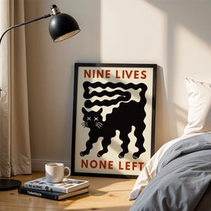 Funny Black Cat Wall Art Nine Lives None Left Print Cat Humor Printable Modern Minimalist Abstract Poster Gift for Cat Lover Digital Print.