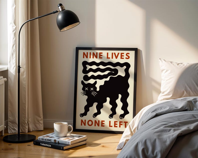 Funny Black Cat Wall Art Nine Lives None Left Print Cat Humor Printable Modern Minimalist Abstract Poster Gift for Cat Lover Digital Print.