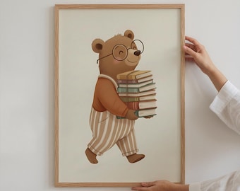 Nursery Bear Wall Art Animal Print Nursery Art Print Bear Reading Print Gender Neutral Nursery Decor Cute Toddler Print Digital Download.