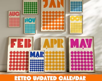 Undated Calendar Large Wall Retro Calendar 2026 Monthly Calendar Poster Perpetual Calendar Colorful Monthly Planner Digital Download.