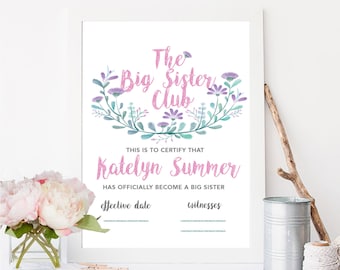 Big Sister Certificate - Big Sister Club, New Big Sister, Honor, Promotion, Cute Print for your girl, DIY Print
