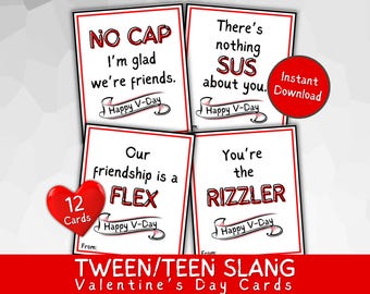 May include: Twelve Valentine's Day cards featuring slang terms like "no cap", "sus", "flex", and "rizzler". The cards are white with red borders and text. The cards are designed for tweens and teens.