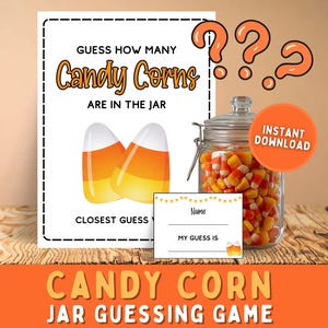 Peut inclure: Un jeu sur le thème d'Halloween avec un bocal rempli de bonbons en forme d'épis de maïs. Le jeu comprend une affiche avec "Devinez combien de bonbons en forme d'épis de maïs sont dans le bocal" et une carte pour les devinettes.