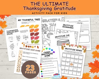 Può includere: Un pacchetto di attività di gratitudine del Ringraziamento per bambini con 23 pagine di attività stampabili. Il pacchetto include un albero grato, un gioco di dadi di gratitudine, un barattolo di gratitudine, segnalibri di gratitudine e un gioco di caramelle di gratitudine. Le attività sono progettate per aiutare i bambini a imparare la gratitudine e a praticare la riconoscenza.