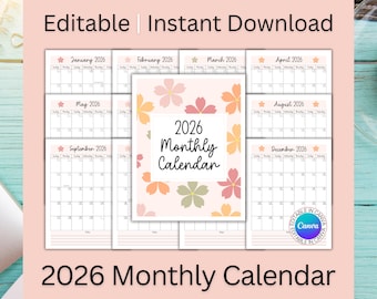 2026 Monthly Calendar, 12 Month Calendar, Printable Calendar, Digital Calendar, PDF Calendar, Editable Calendar, 2026 Year Calendar Pages