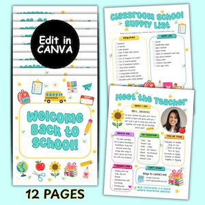 May include: A 12-page digital classroom supply list and meet the teacher template set featuring colorful school-themed graphics, including a yellow bus, globe, apple, and sunflower, with text reading Welcome Back to School and Edit in CANVA.