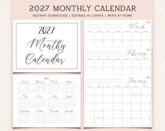 2027 Printable Calendar | Editable 2027 Calendar | Minimalist Calendar | Monthly Calendar | Yearly Calendar | Digital Calendar
