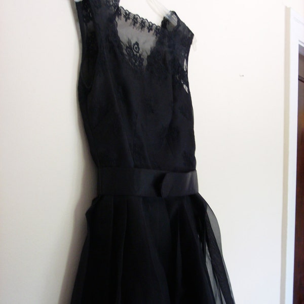 Black Organdy Dress, 1960's Party Dress with Original Belt, Black Embroidered Organza