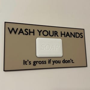 Letrero "Lávate las manos": decoración divertida para la pared del baño con montaje autoadhesivo, letrero humorístico para el baño de invitados, placa minimalista con forma de pastilla de jabón.