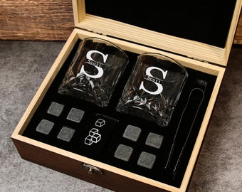 Personalized Whiskey Glass Set with Wooden Box, Whiskey Stone Set, Groomsmen Gift, Best Man Gift, Boyfriend Gift, Whiskey Gifts for Him Dad