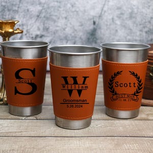Groomsmen Gifts, Personalized Beer Cup, Beer Mug with Leather Can Holder, Groomsman Gift, Groomsmen Proposal, Bachelor Party Gifts