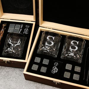 Personalized Whiskey Glass Set with Wooden Box, Whiskey Stone Set, Groomsmen Gift, Best Man Gift, Boyfriend Gift,  Whiskey Gifts for Him Dad
