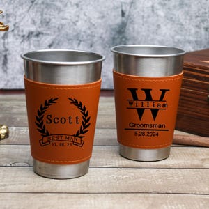 Personalized Beer Cup with Leather Holder, Beer Mug, Engraved Bottle Opener, Groomsmen Gifts, Best Man Gift, Wedding Party Gifts