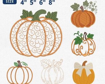 6 Fall Pumpkin Embroidery Bundle, Pumpkin Applique Embroidery, Autumn Harvest Coquette Bow Machine File, Fall Season File, Instant Download