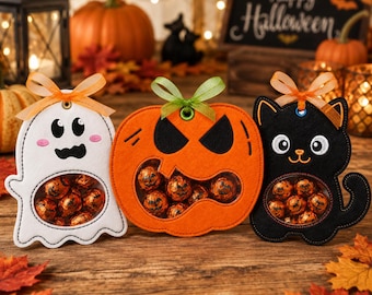 ITH Halloween Treat Bag Embroidery Bundle, Ghost, Pumpkin, Cat Candy Holder Machine File, Peekaboo Vinyl Window Favor, Instant Download