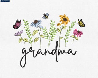 Diseño de bordado floral para abuela, bordado de flores silvestres para abuela, archivo de sublimación floral para abuela, diseño para el Día de la Madre, descarga instantánea.