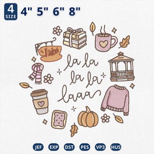 Pode incluir: Um design de bordado com o texto 'la la la la laaa' rodeado por ícones, incluindo uma pilha de livros, uma caneca, um coreto, um suéter, uma abóbora, um doce, um cachecol, um copo de café e uma placa com o nome 'Luke's'.