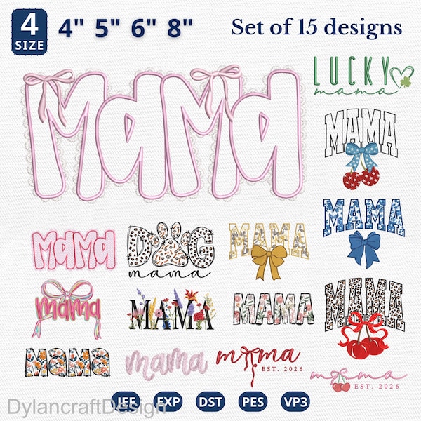 Mama Embroidery Bundle, Mama Coquette Bow Embroidery File, Mama Lace Embroidery Design, Mother's Day Design, Floral Mama , Instant Download