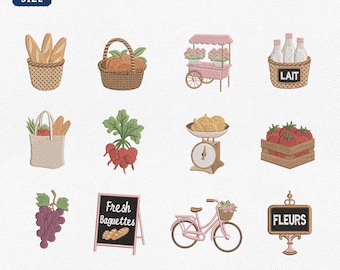 Mini French Farmers Market Icons Embroidery Bundle, Parisian Floral Grocery Machine File, Cottagecore Village Aesthetic, Instant Download